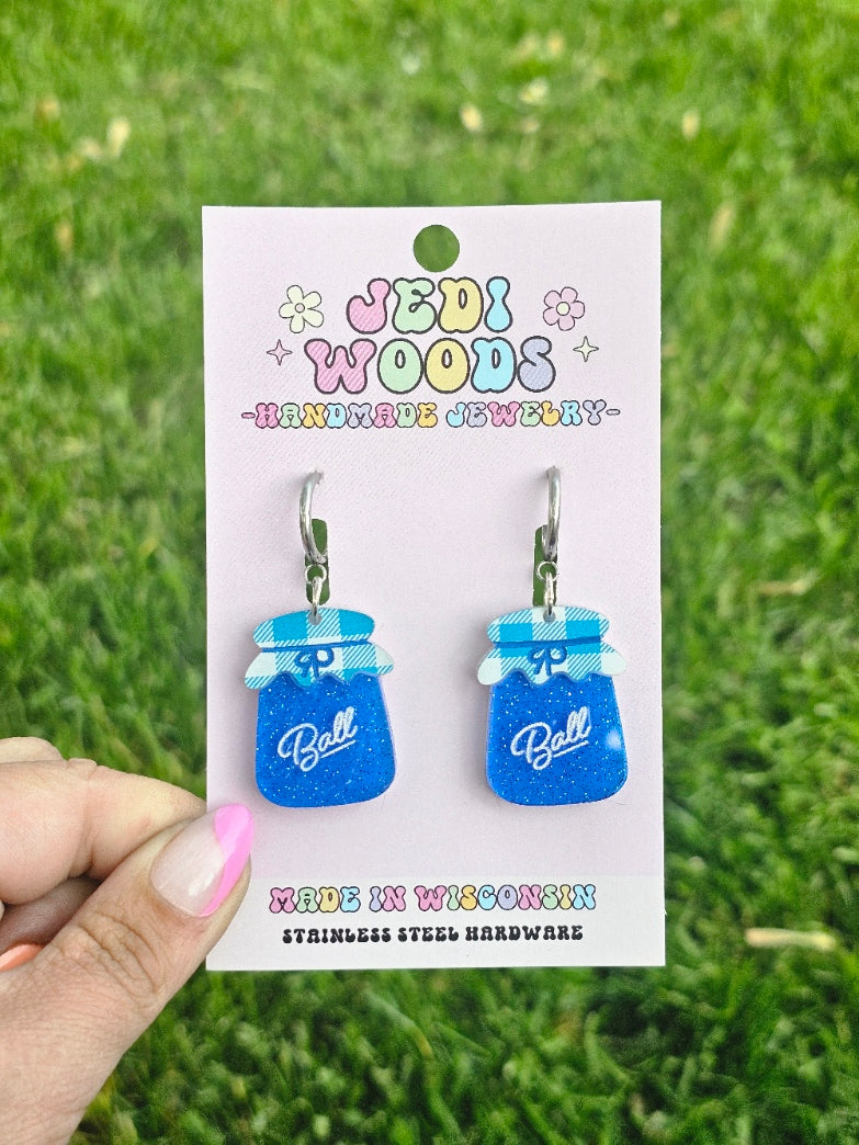 Blueberry Jam Ball Jar Earrings with Huggie Hardware