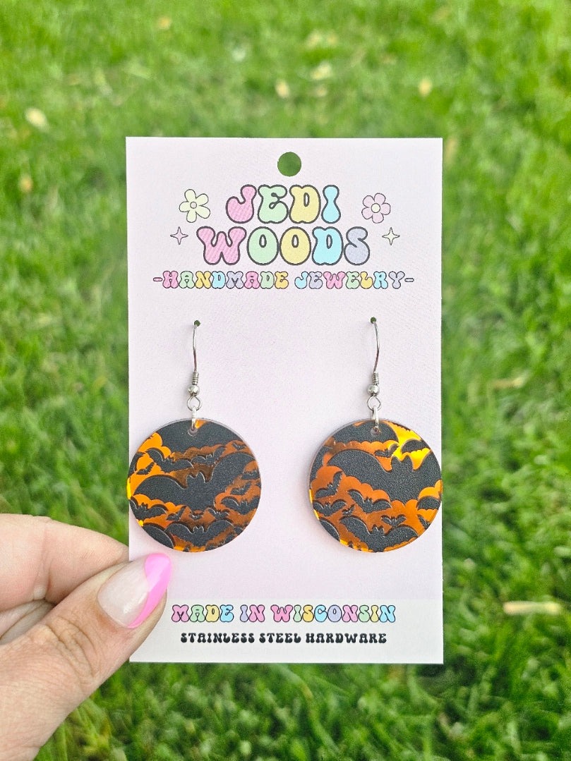 Orange Mirror Bat Medallion Earrings
