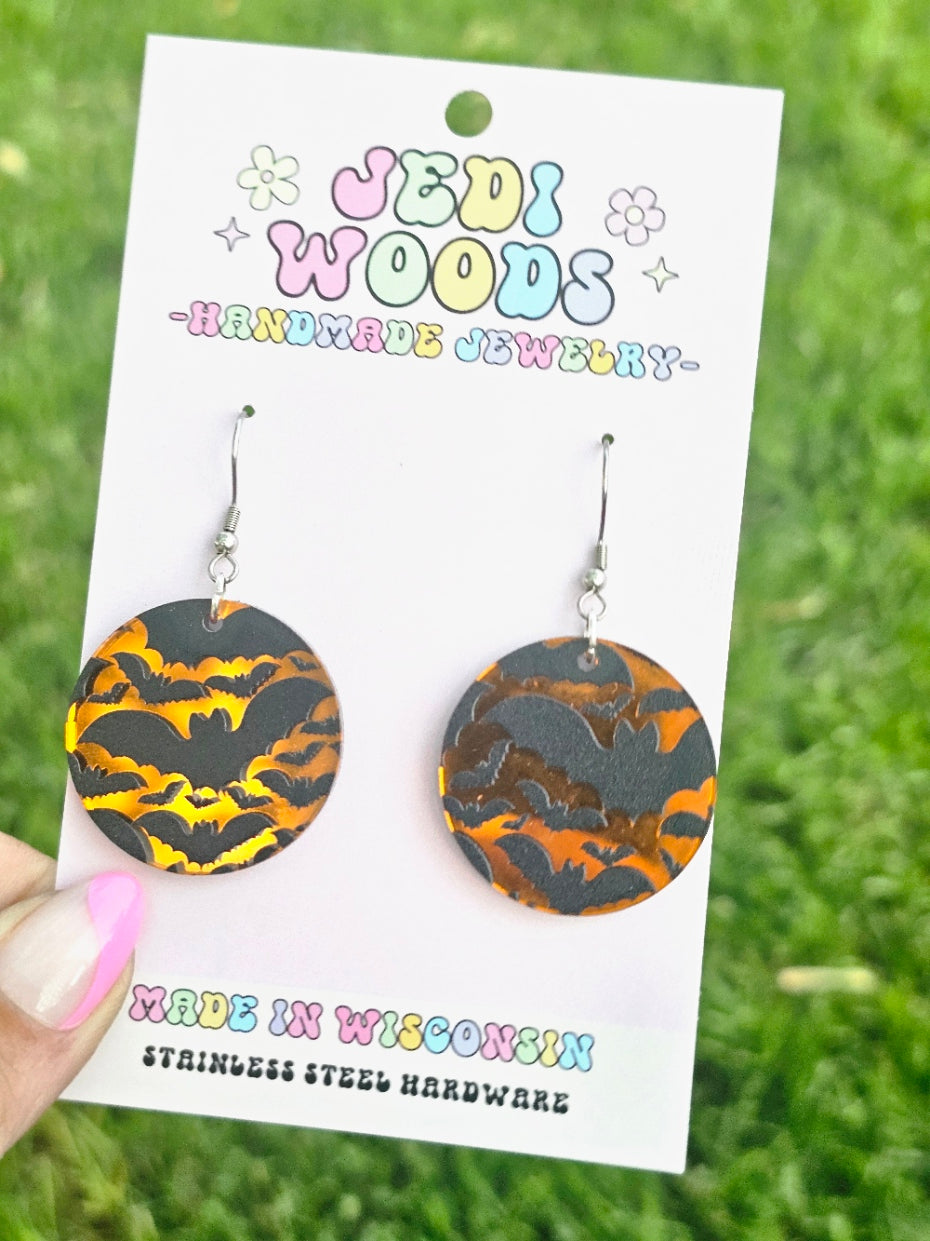 Orange Mirror Bat Medallion Earrings