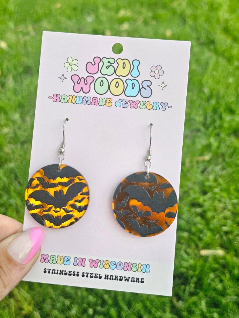 Orange Mirror Bat Medallion Earrings