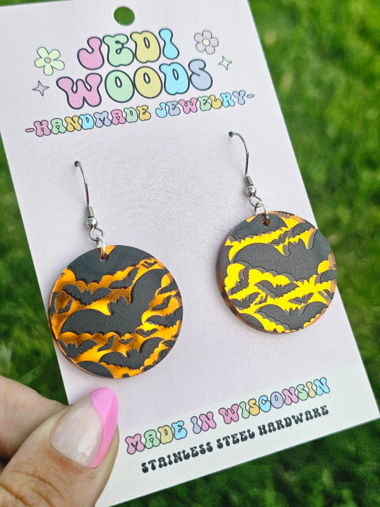 Orange Mirror Bat Medallion Earrings