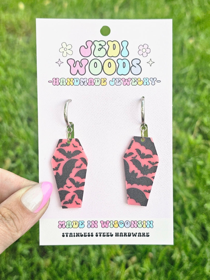 Pink Bat Coffin Earrings