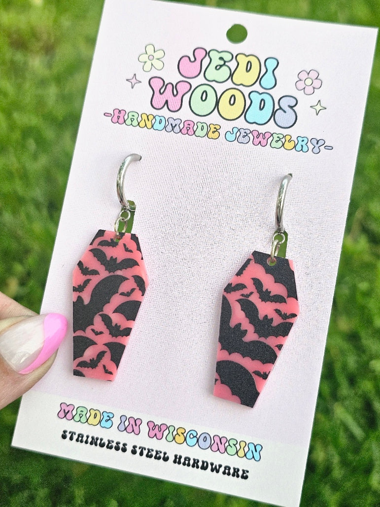 Pink Bat Coffin Earrings
