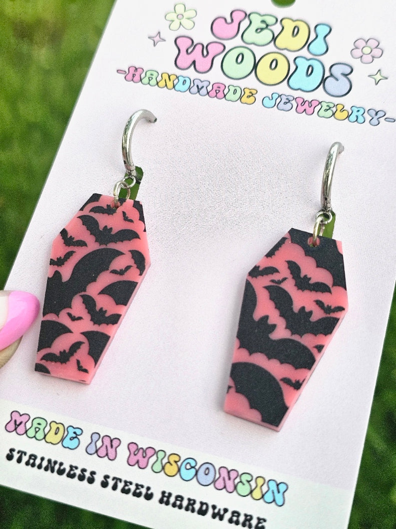 Pink Bat Coffin Earrings