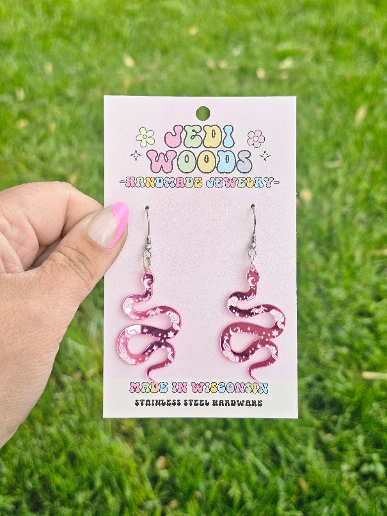 Pink Mirror Snake Earrings