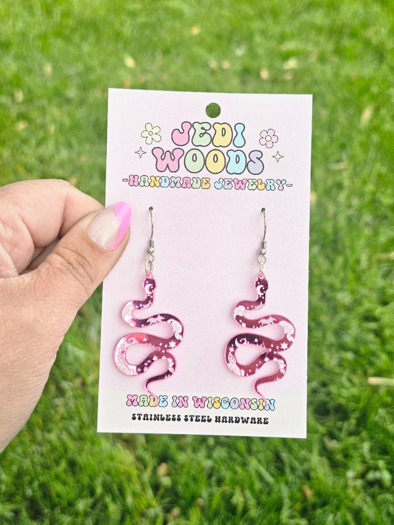 Pink Mirror Snake Earrings