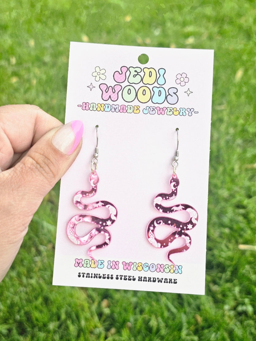 Pink Mirror Snake Earrings