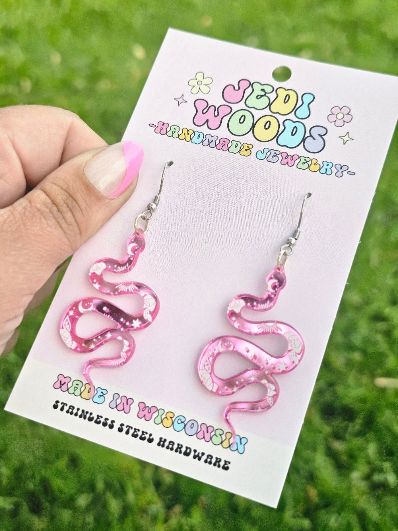 Pink Mirror Snake Earrings