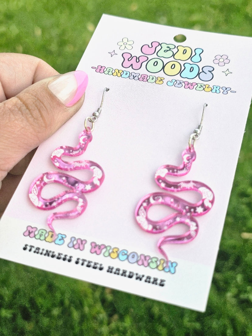Pink Mirror Snake Earrings