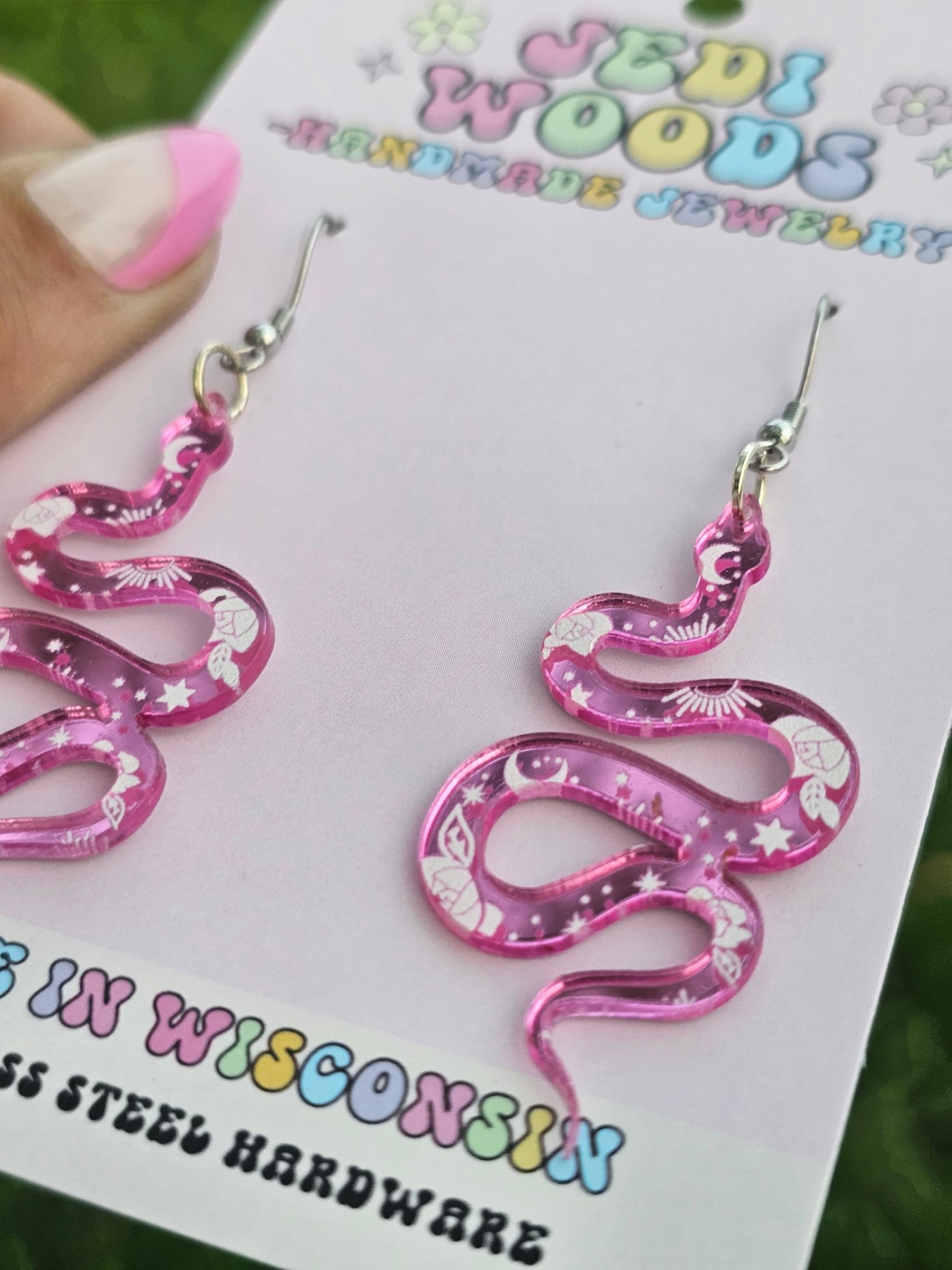 Pink Mirror Snake Earrings