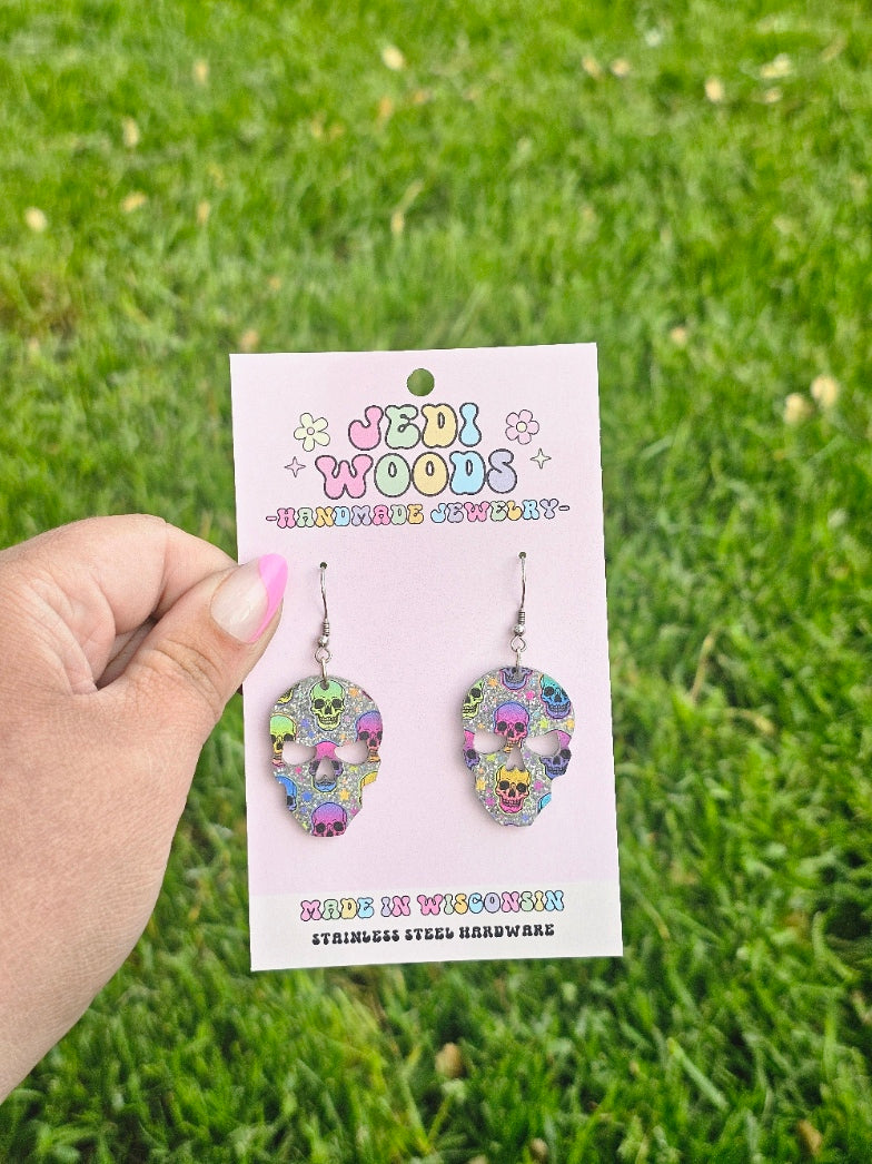 Rainbow Glitter Skull Earrings