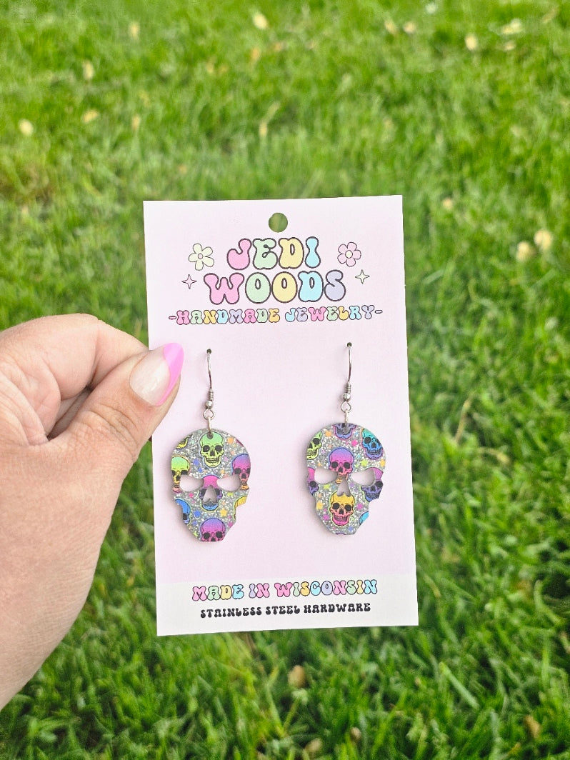 Rainbow Glitter Skull Earrings