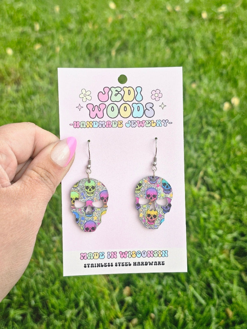 Rainbow Glitter Skull Earrings
