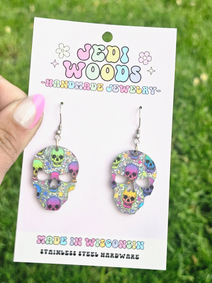 Rainbow Glitter Skull Earrings
