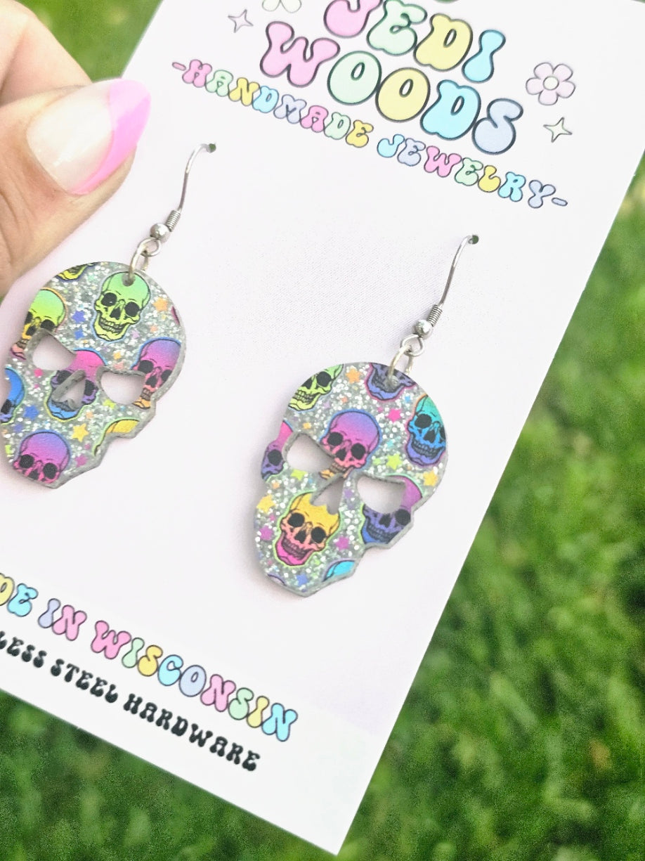 Rainbow Glitter Skull Earrings