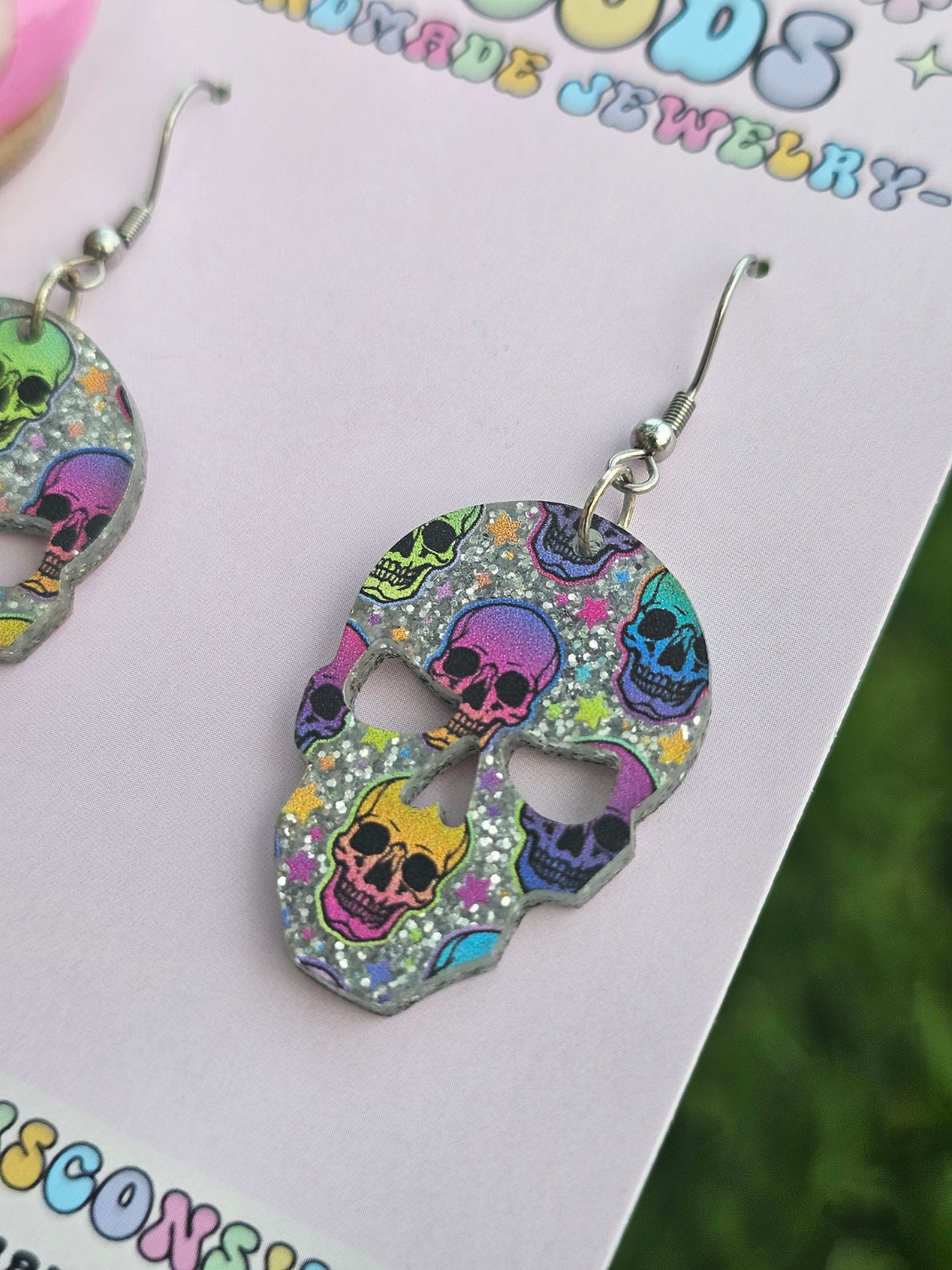 Rainbow Glitter Skull Earrings