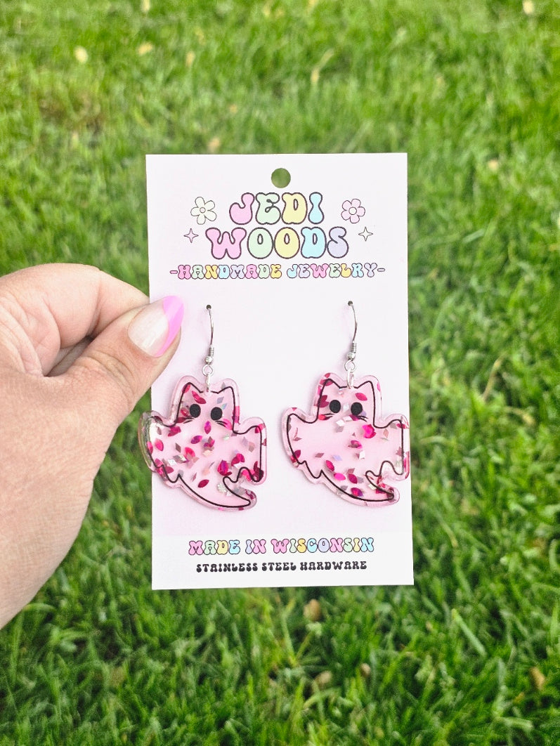 Pink Glitter Flake Ghost Cat Earrings