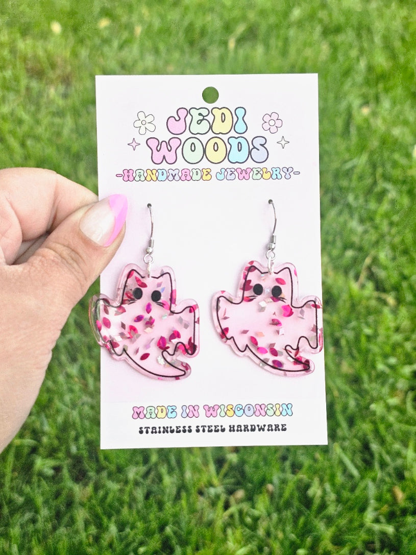 Pink Glitter Flake Ghost Cat Earrings