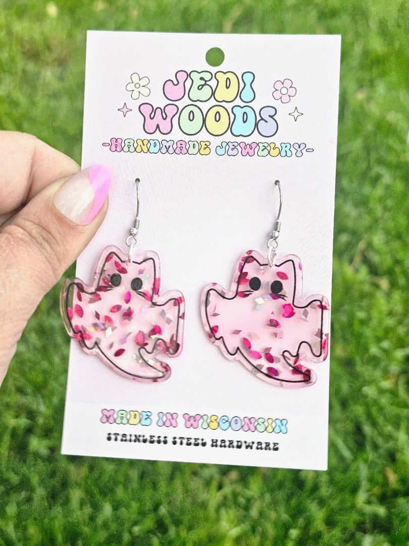 Pink Glitter Flake Ghost Cat Earrings