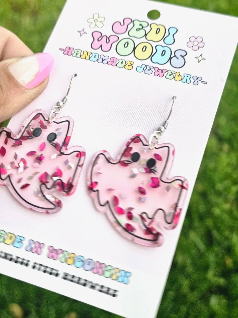 Pink Glitter Flake Ghost Cat Earrings