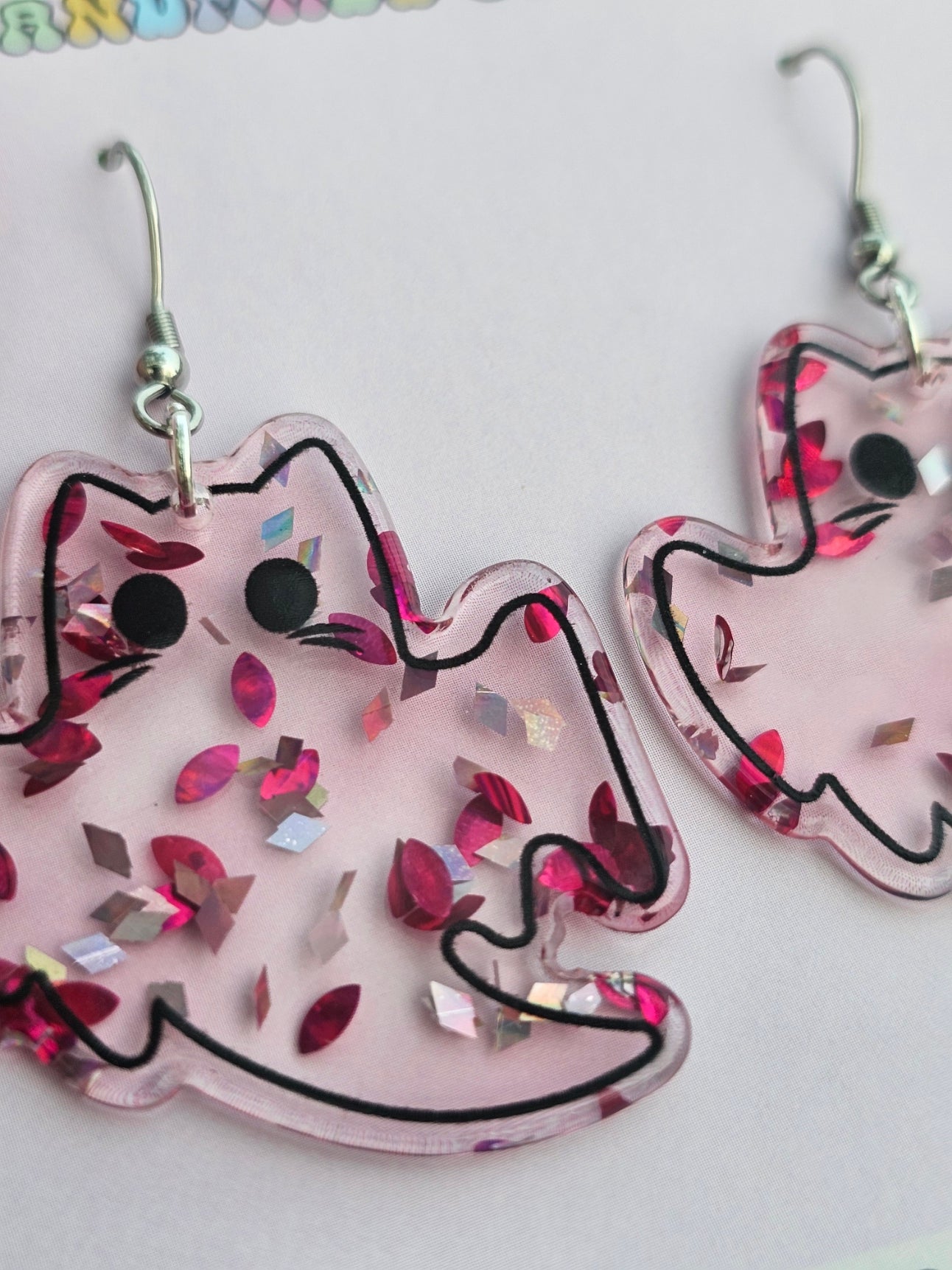 Pink Glitter Flake Ghost Cat Earrings
