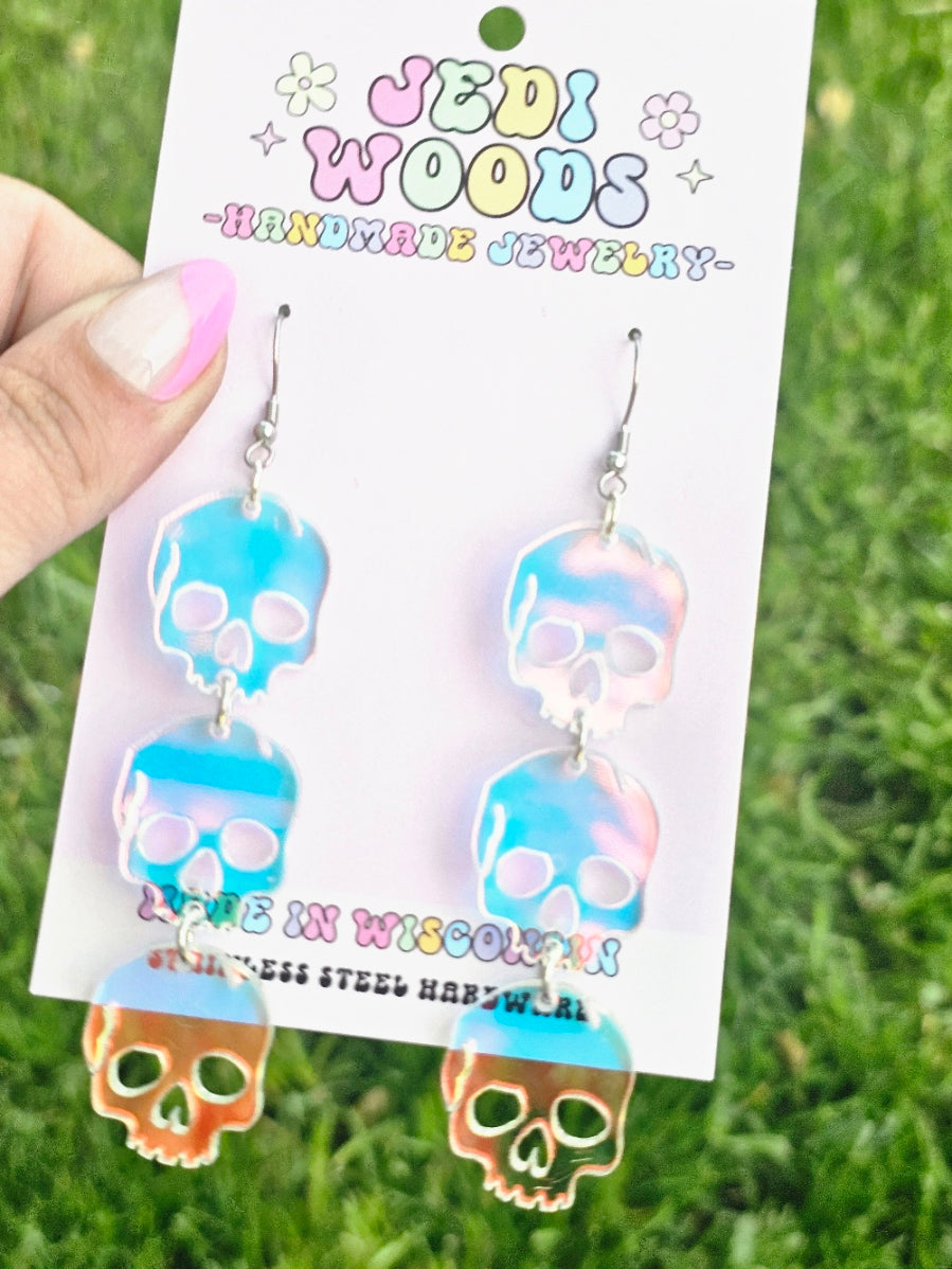 Iridescent Triple Skull Earrings
