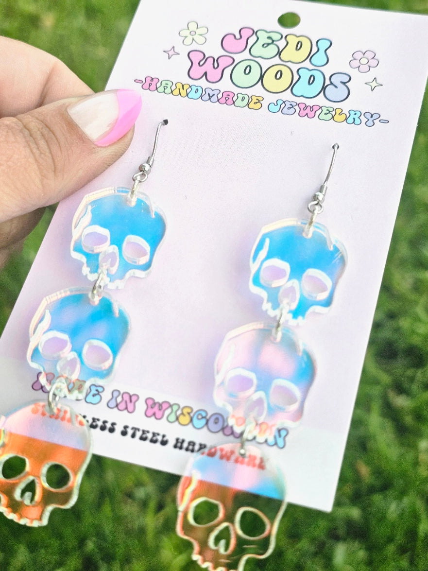 Iridescent Triple Skull Earrings