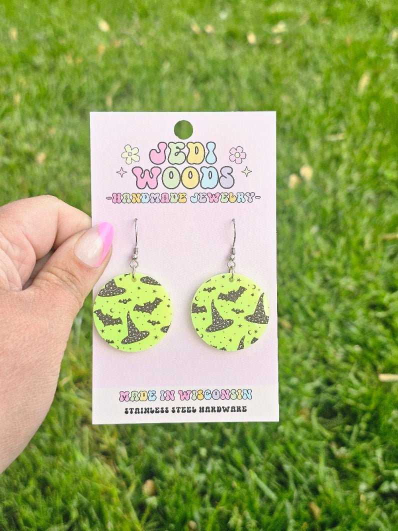 Electric Green Witch Hats and Bats Earrings
