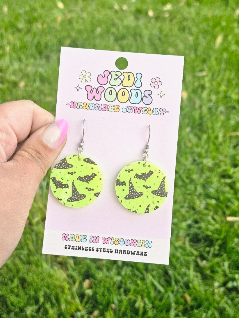 Electric Green Witch Hats and Bats Earrings