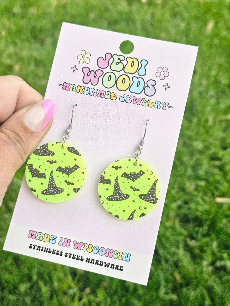 Electric Green Witch Hats and Bats Earrings