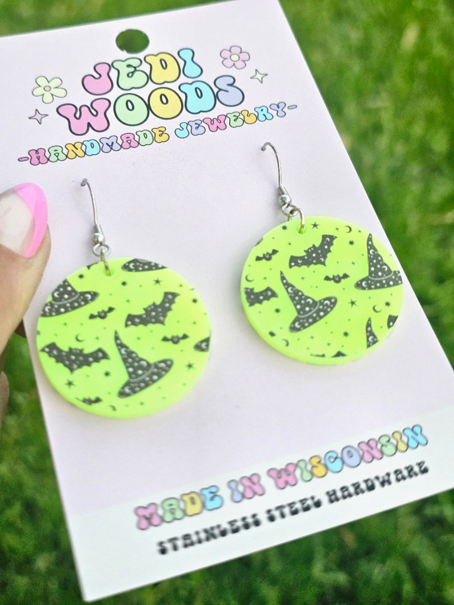 Electric Green Witch Hats and Bats Earrings