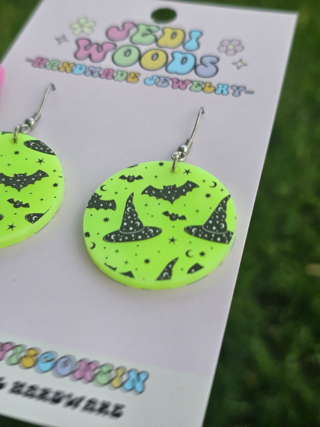 Electric Green Witch Hats and Bats Earrings