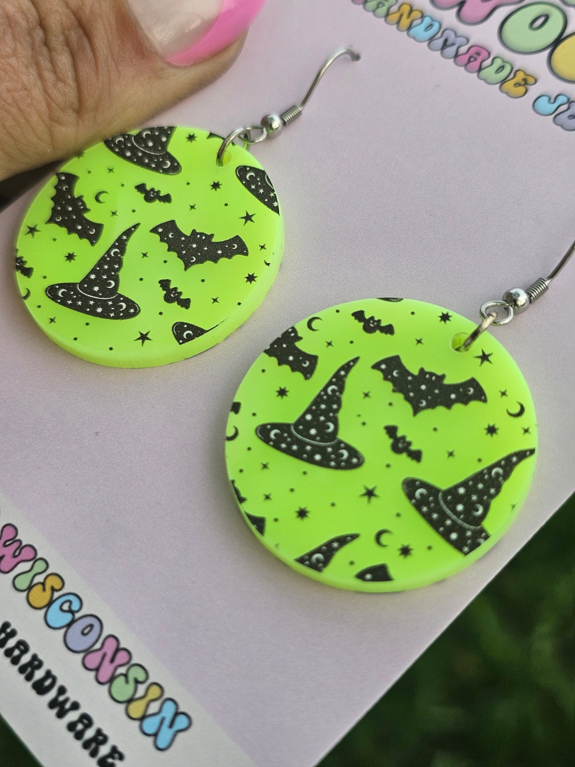 Electric Green Witch Hats and Bats Earrings