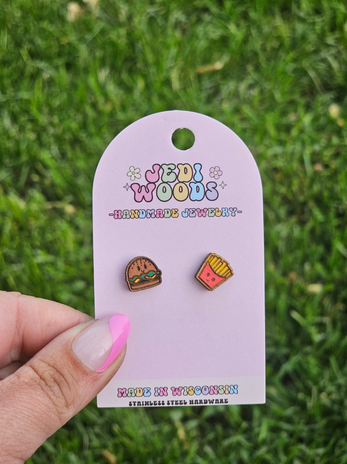 Wooden Burger and Fries Handpainted Stud Earrings