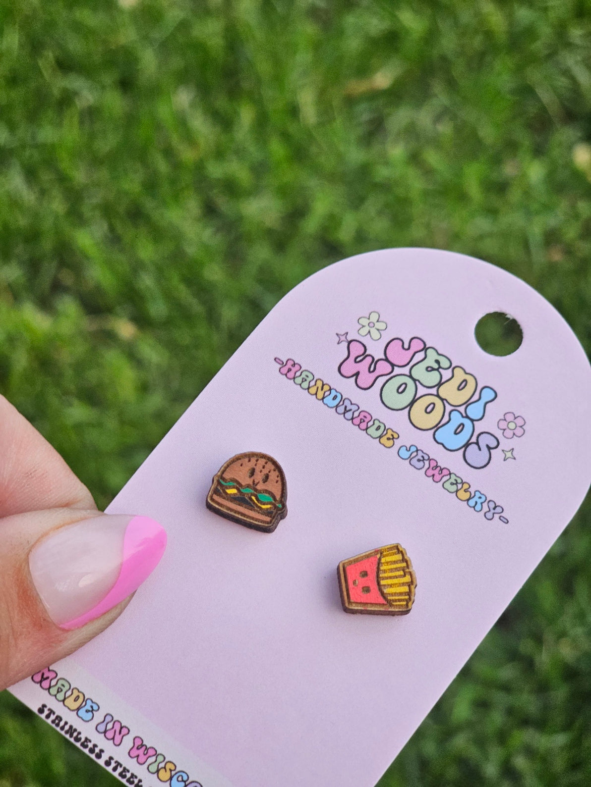 Wooden Burger and Fries Handpainted Stud Earrings