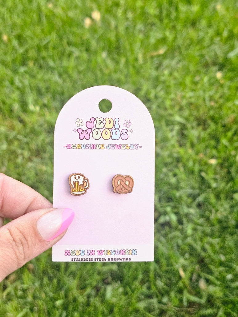 Beer and Pretzel Wooden Stud Earrings