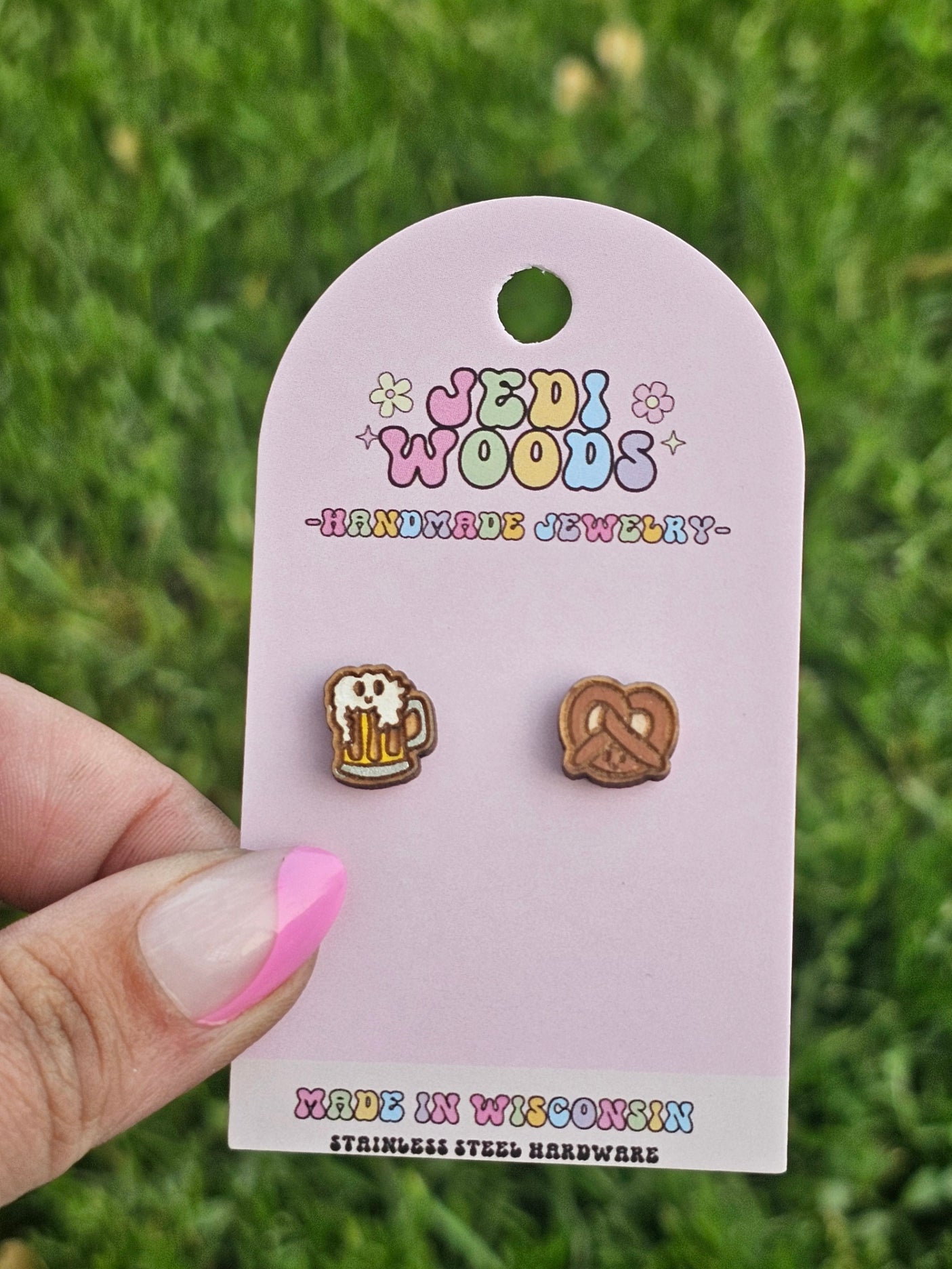 Beer and Pretzel Wooden Stud Earrings
