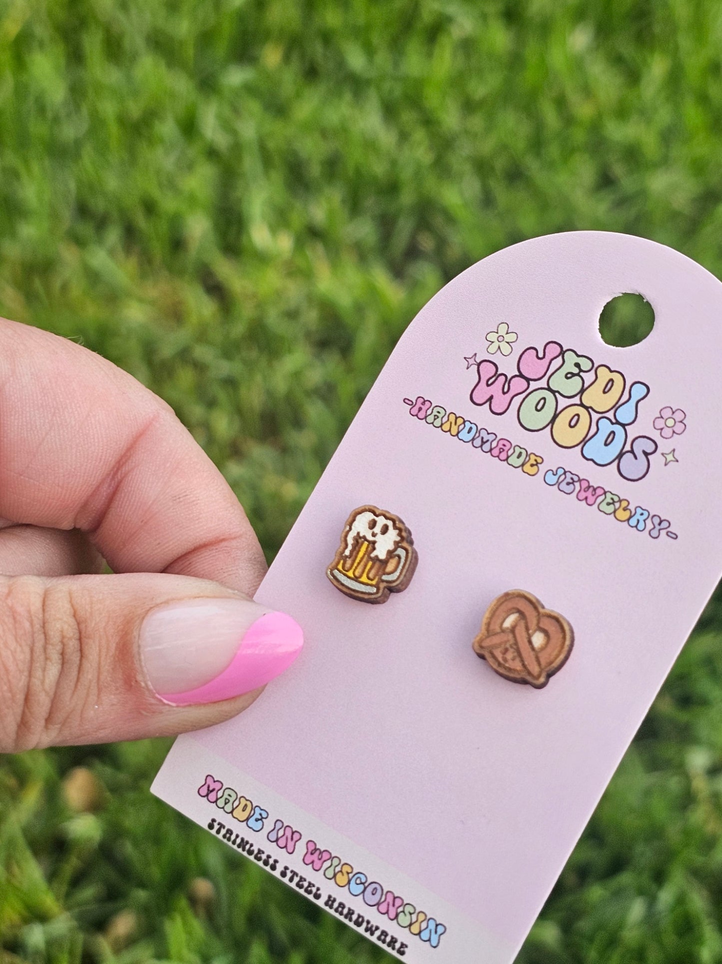 Beer and Pretzel Wooden Stud Earrings