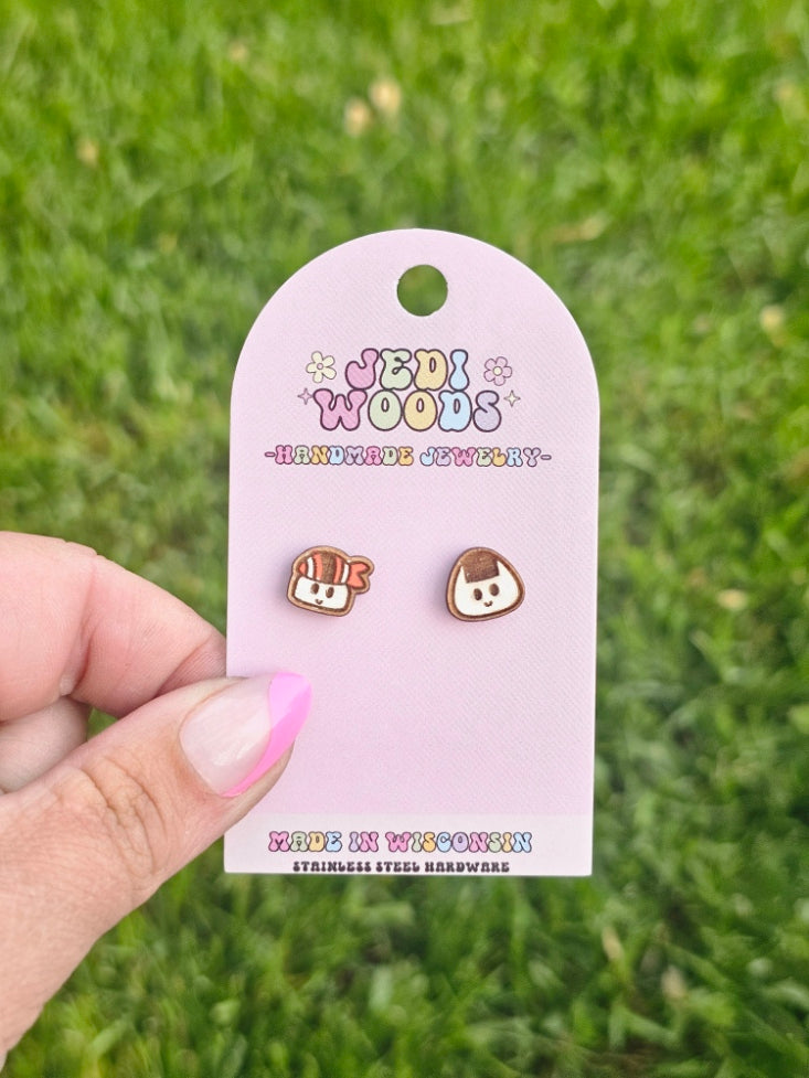 Sushi and Rice Wooden Stud Earrings