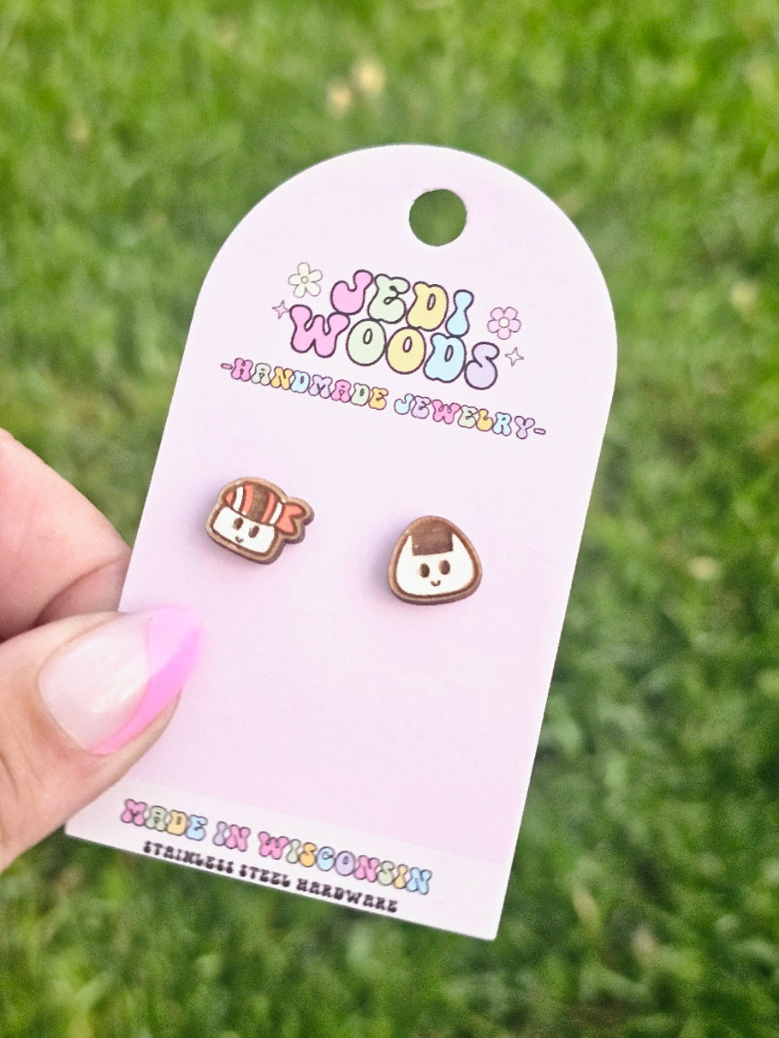 Sushi and Rice Wooden Stud Earrings