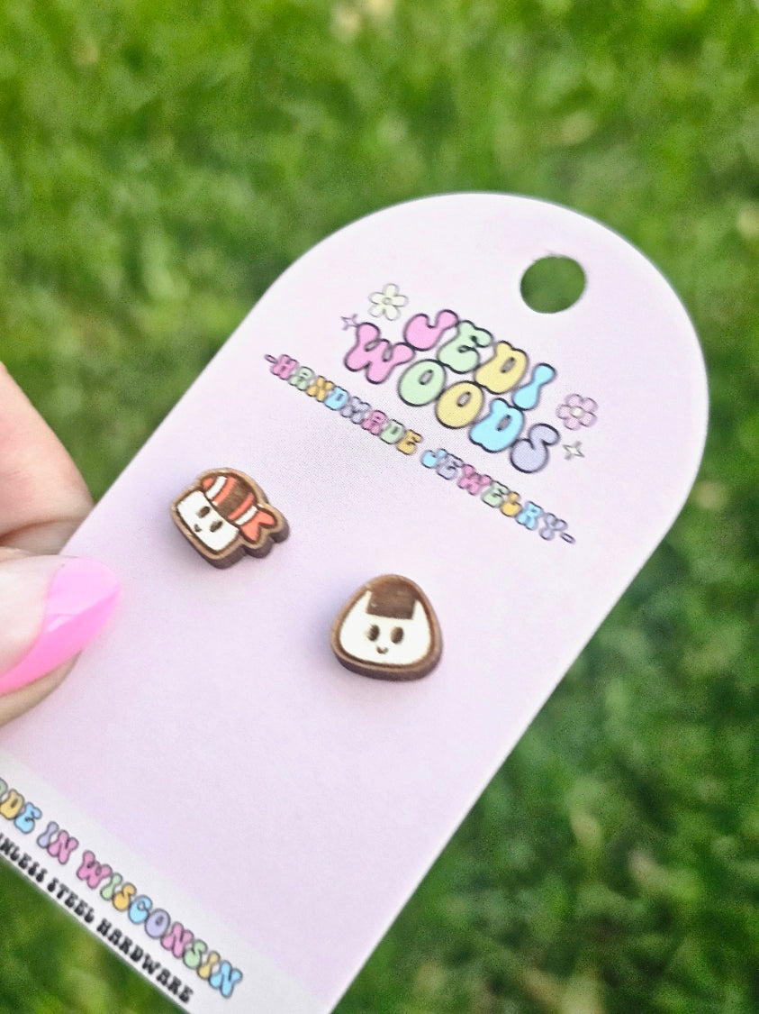 Sushi and Rice Wooden Stud Earrings