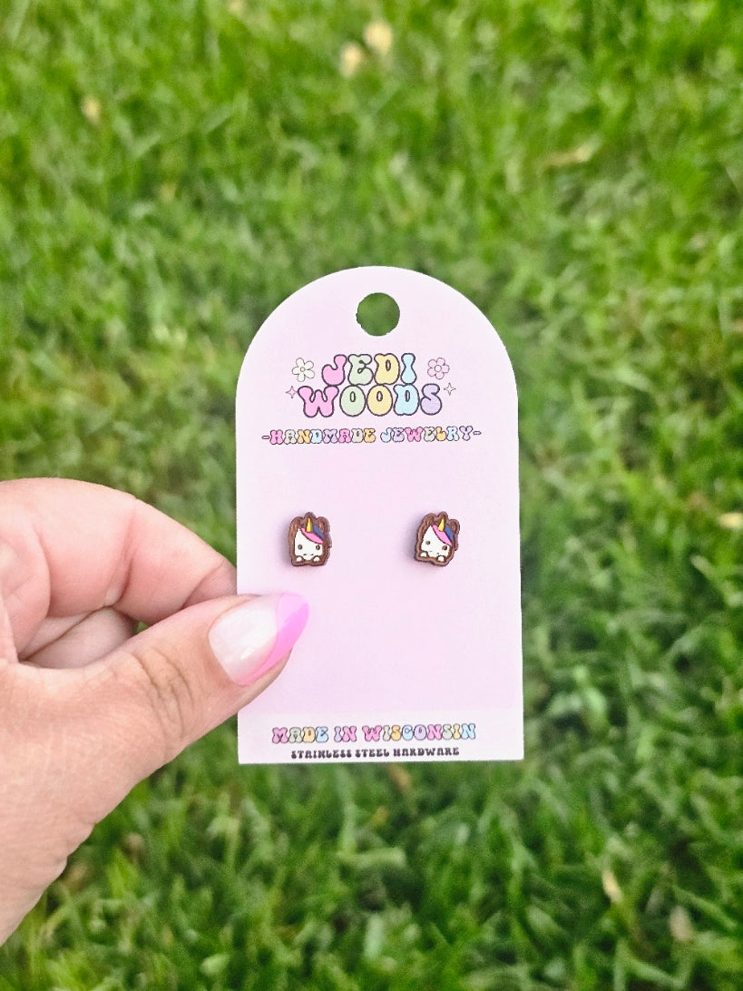 Wooden Unicorn Stud Earrings