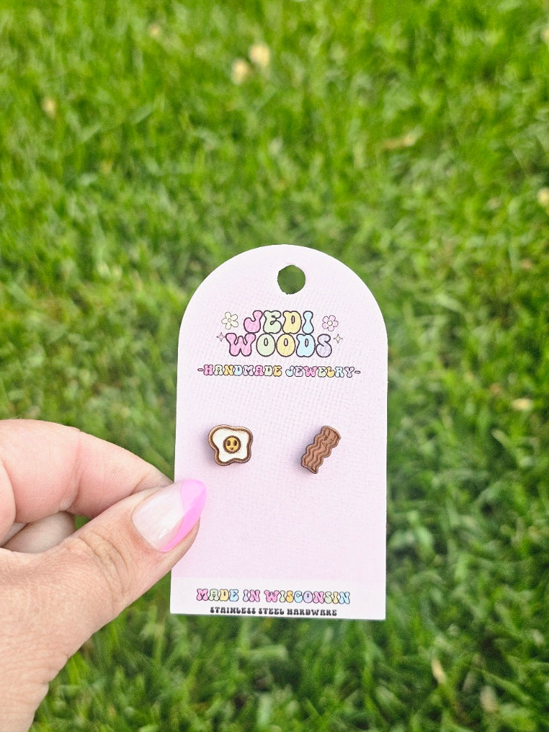 Bacon and Egg Wooden Handpainted Stud Earrings
