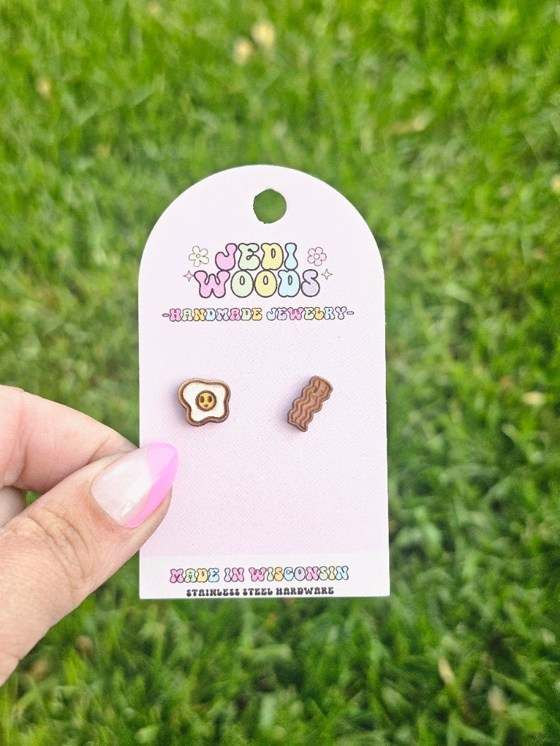 Bacon and Egg Wooden Handpainted Stud Earrings