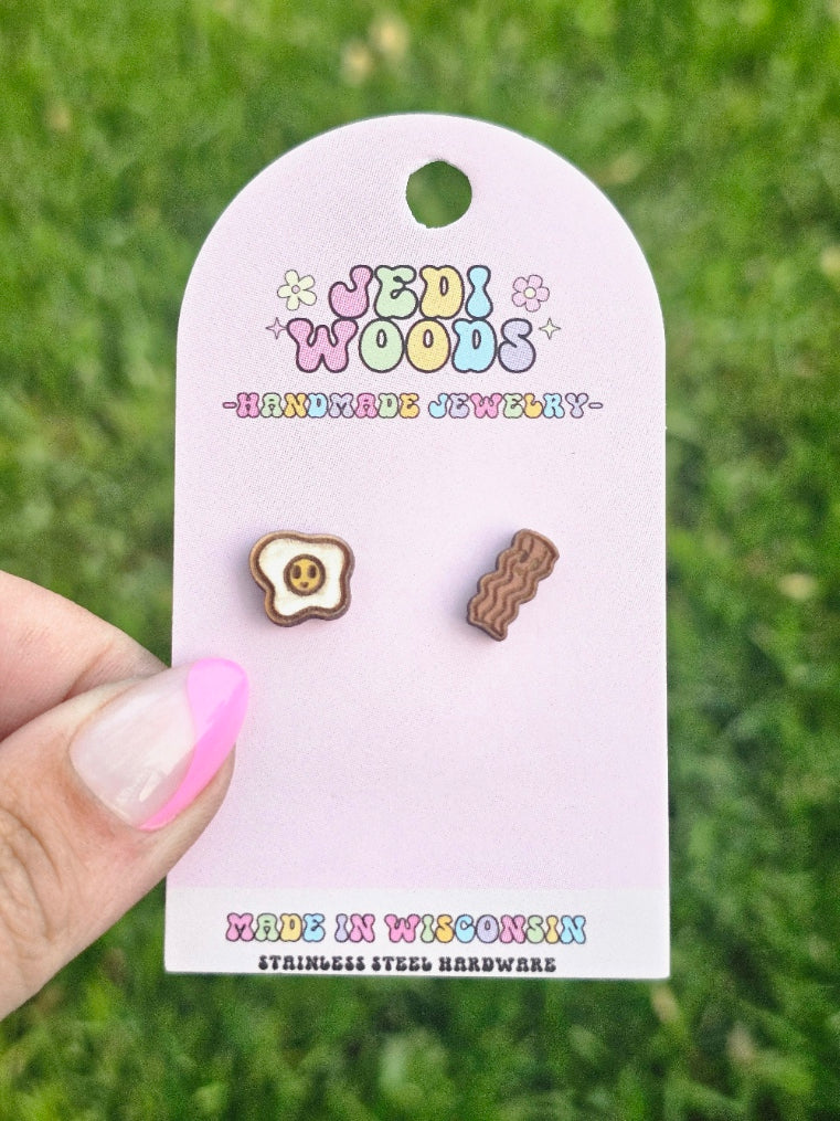 Bacon and Egg Wooden Handpainted Stud Earrings