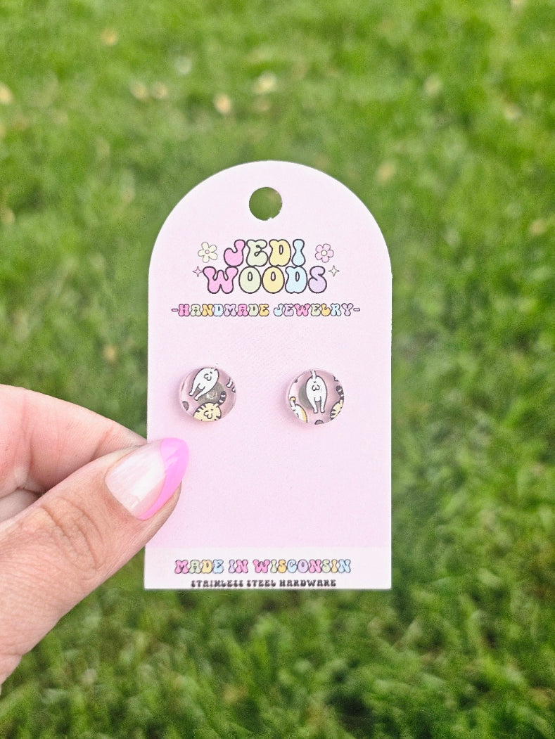Cat Butts and Nuts Round Stud Earrings