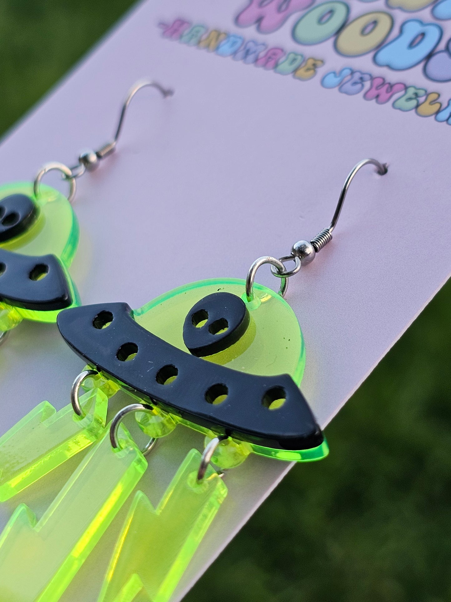 Alien Invasion SpaceShip Earrings with Blacklight Reactive Acrylic