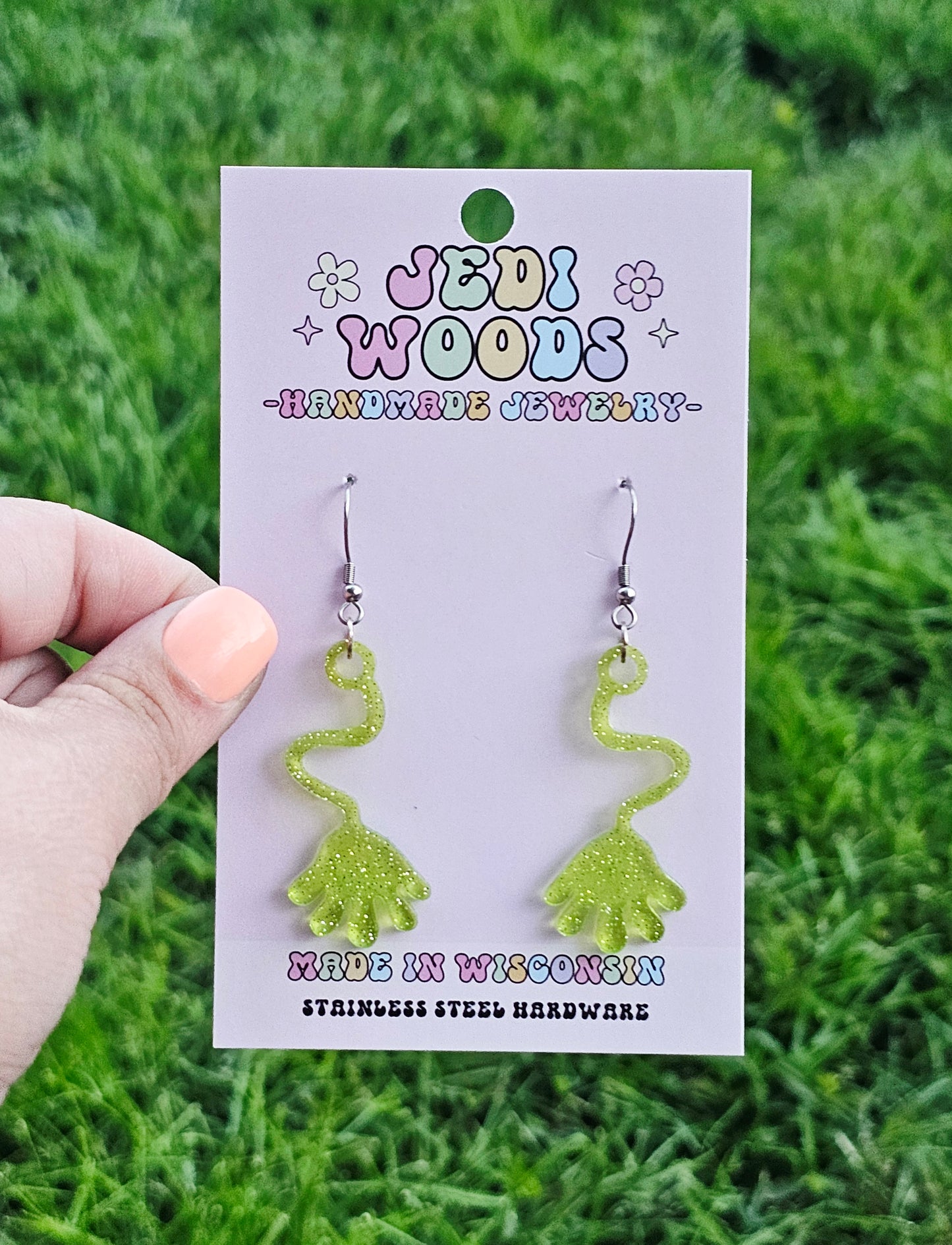 Green Retro Slappy Hand Earrings