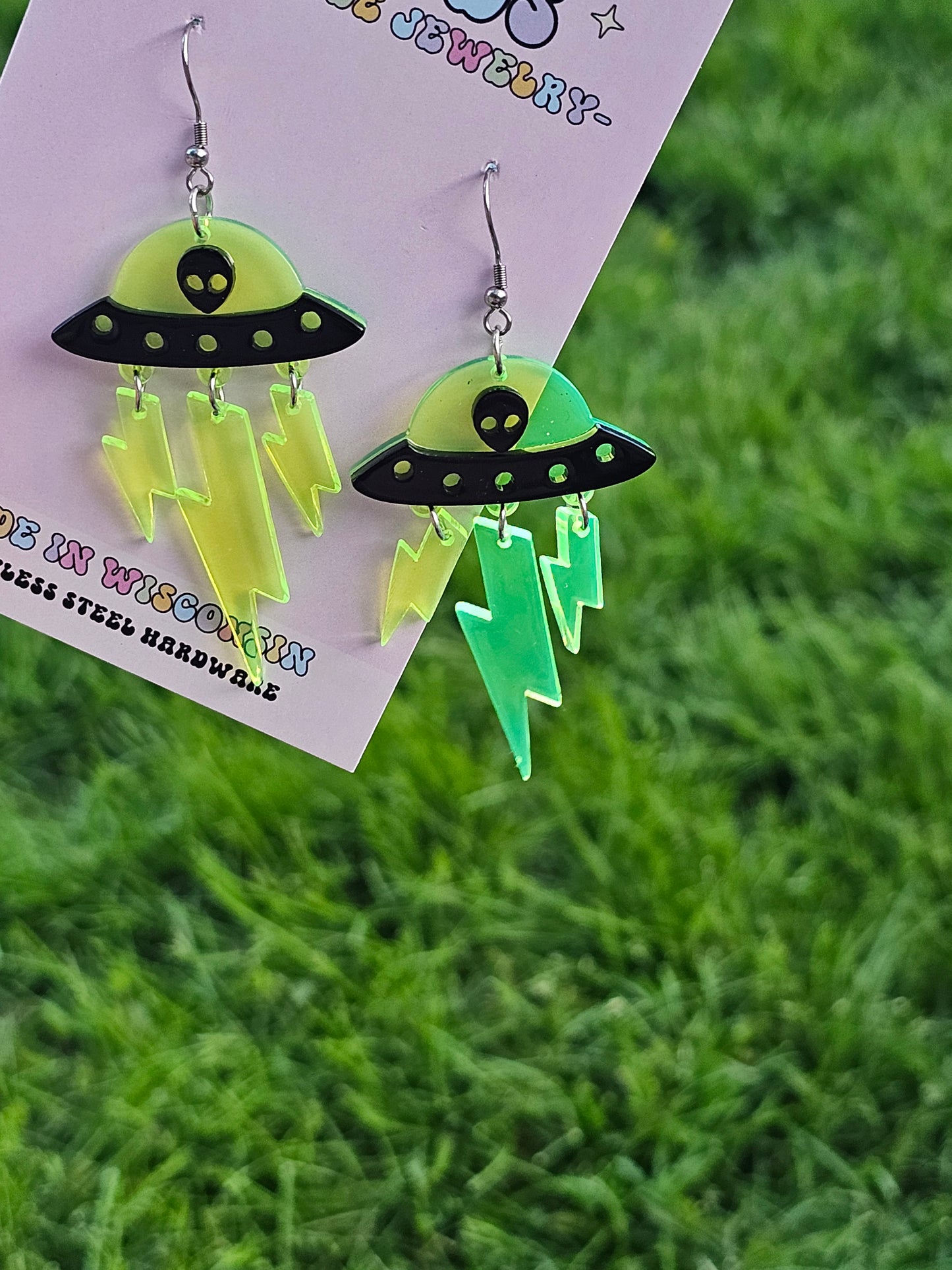 Alien Invasion SpaceShip Earrings with Blacklight Reactive Acrylic