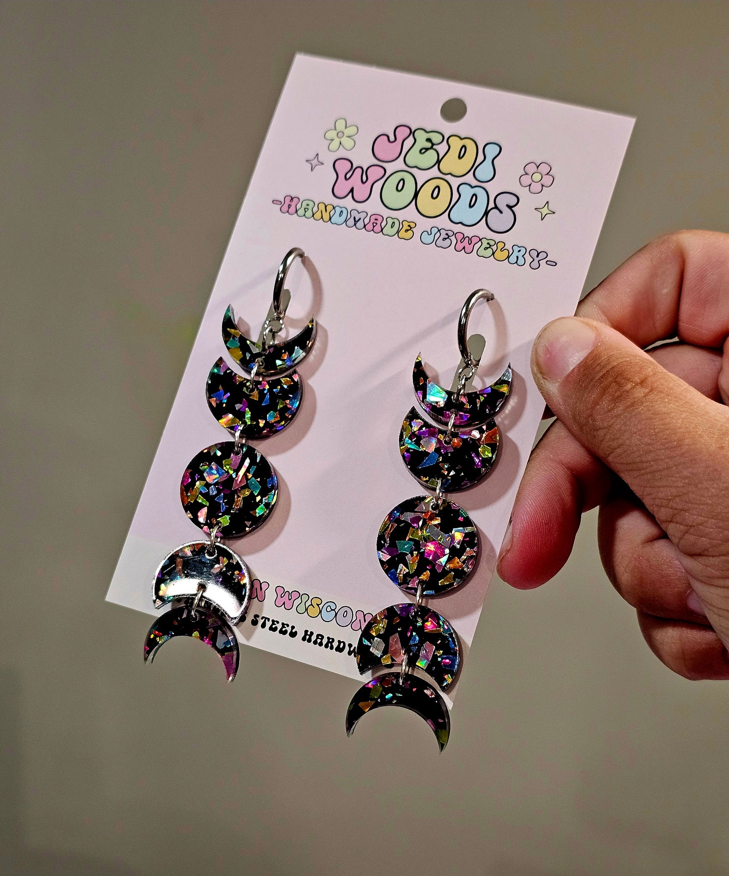 Black Rainbow Flake Moon Phase Earrings